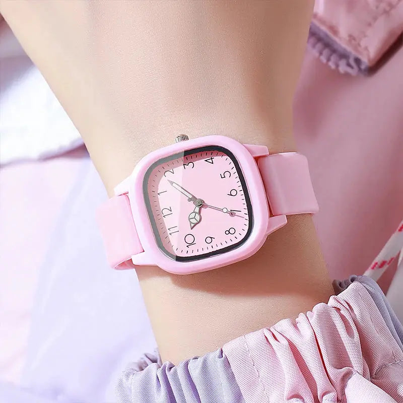 Simples Market pink silicone band women's quartz watch with square pink dial and Arabic numerals