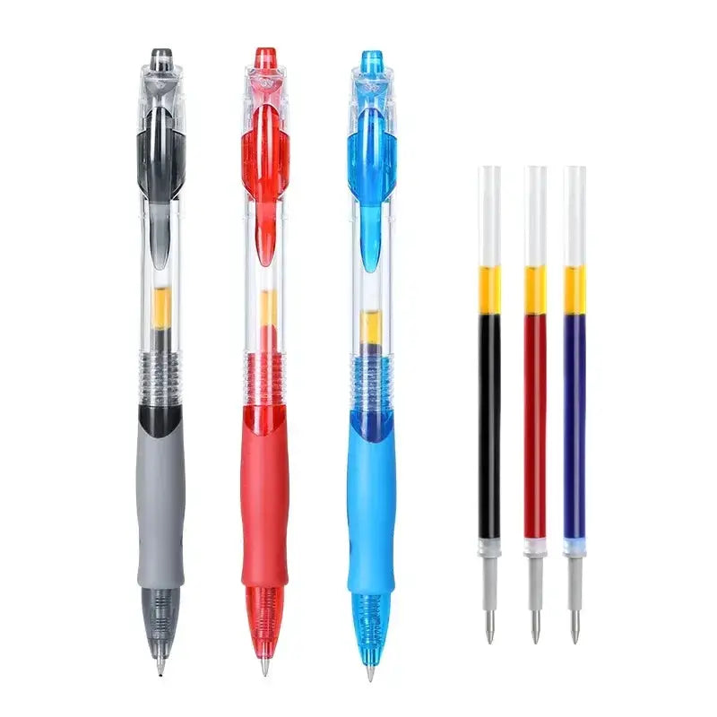 Simples Market retractable gel pen set; 3 pens in black, red and blue with transparent barrels