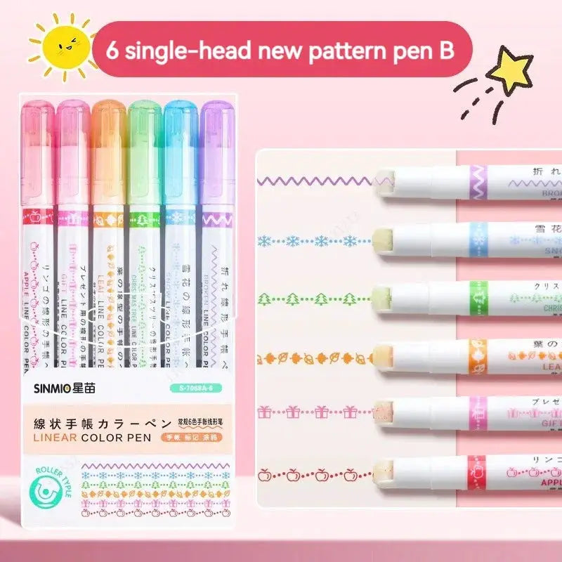 6Pcs Set Flower Line Shape Roller Tip Highlighter Pens Curve Liner Marker Kawaii Korean Stationery School Office Gifts