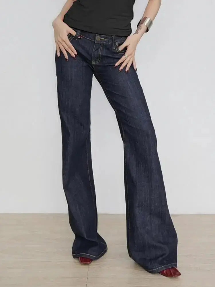Women's Slim Fit Flared Jeans Y2K Low Rise Denim Embroidery Distressed
