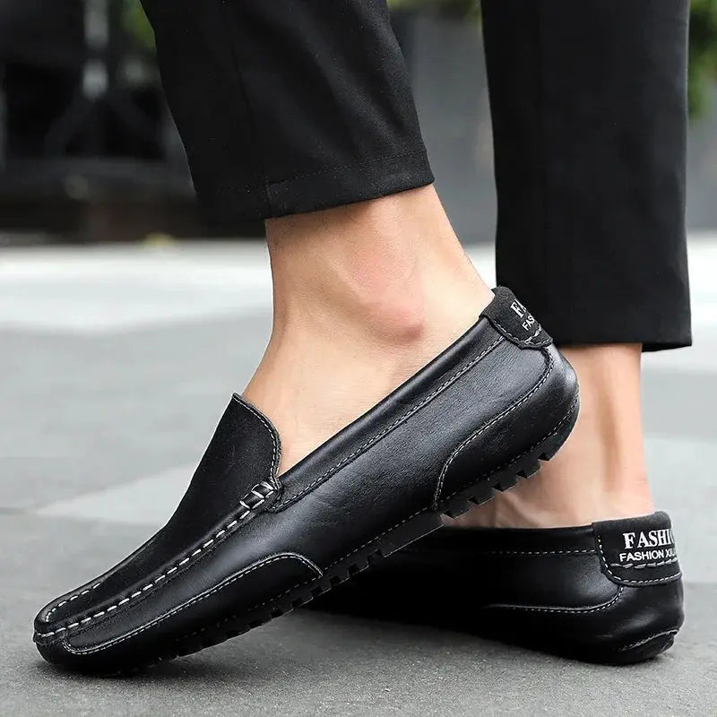 Men's black genuine leather loafers slip-on moccasins for casual formal wear, Simples Market