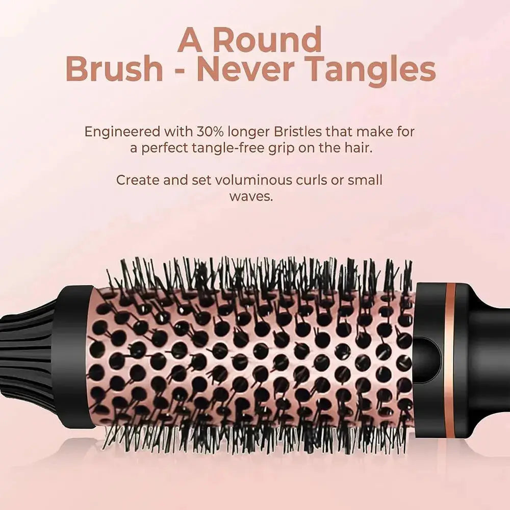 3-in-1 ionic hair curler and straightener with heated brush from Simples Market, rose-gold barrel, black bristles