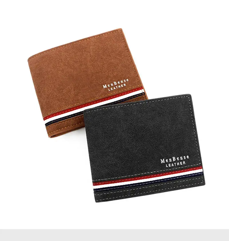 MenBense Leather short PU leather wallets 2-pack in black and brown with stripe detail