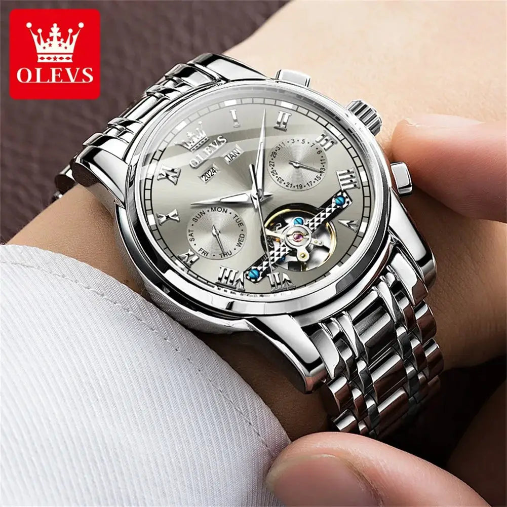 OLEVS 6607 stainless steel skeleton automatic men's watch with dual calendar and visible flywheel