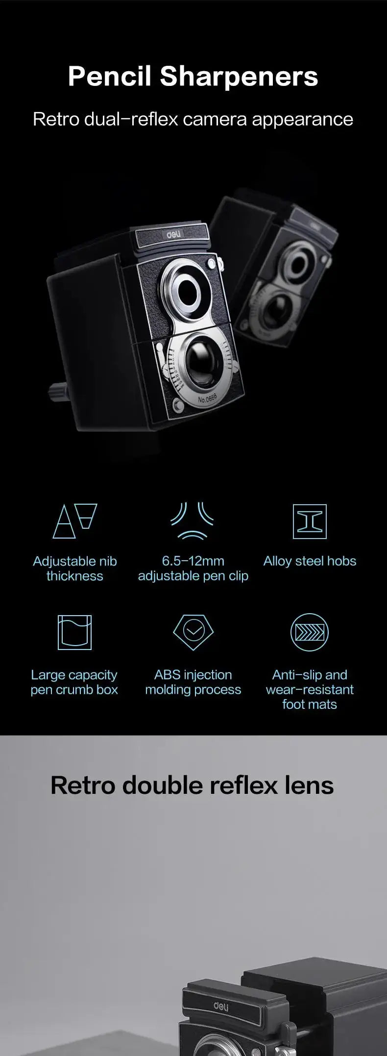 DELI rotary pencil sharpener; retro camera-style dual-lens design in black and silver; pack of two