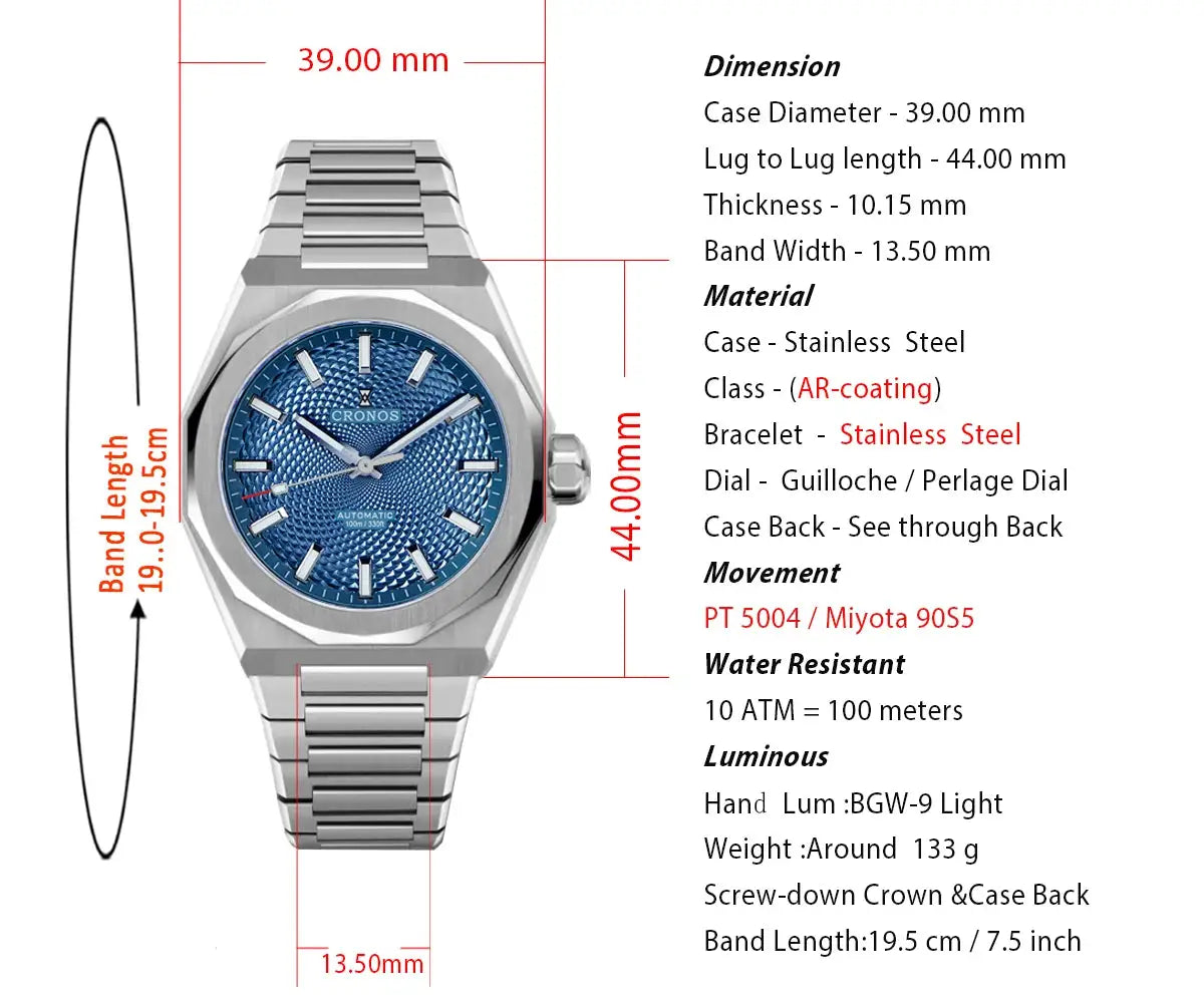 Cronos Rhombus Perlage 39mm automatic watch with blue skeleton dial and see-through caseback on stainless steel bracelet
