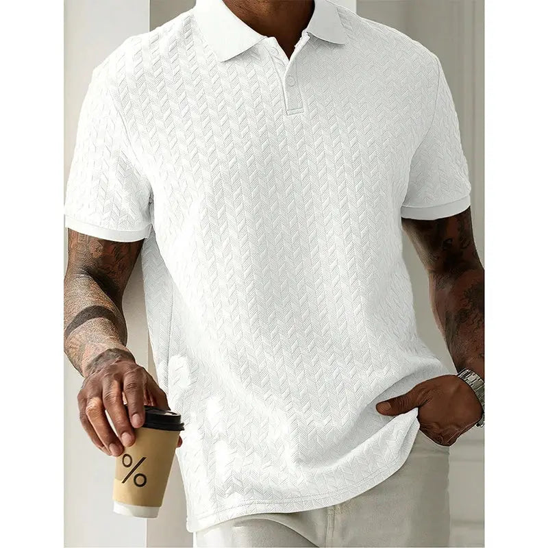 Men's white textured polo shirt, short sleeves, breathable knit pattern.