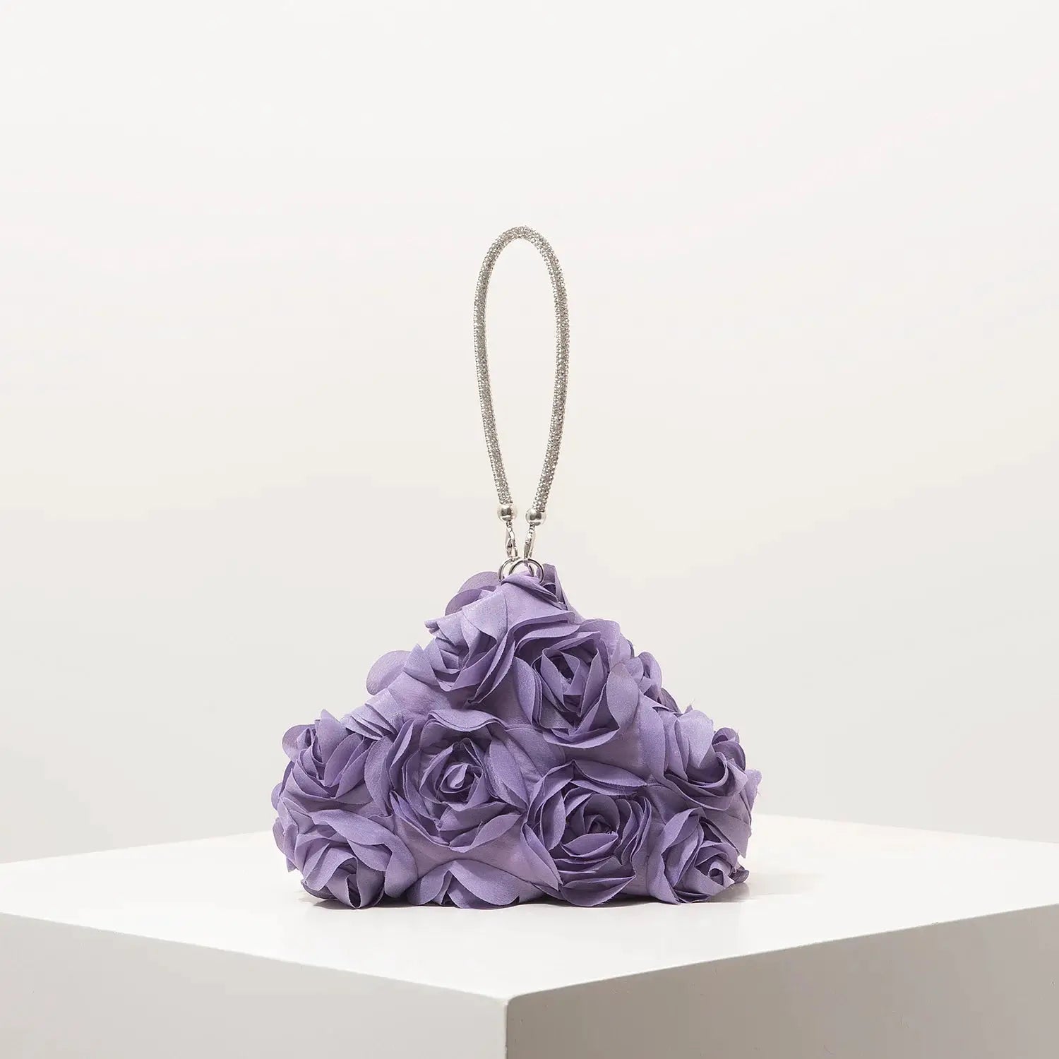 Mini purse lavender rosette floral cluster with silver chain strap