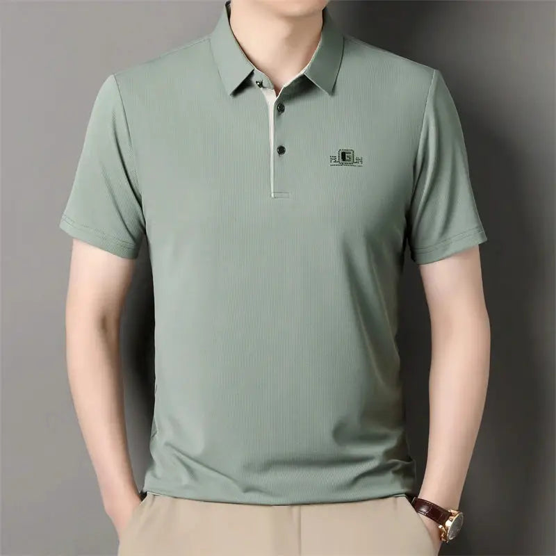 Men's business casual polo shirt, sage green, short sleeves, badge logo, breathable and versatile.