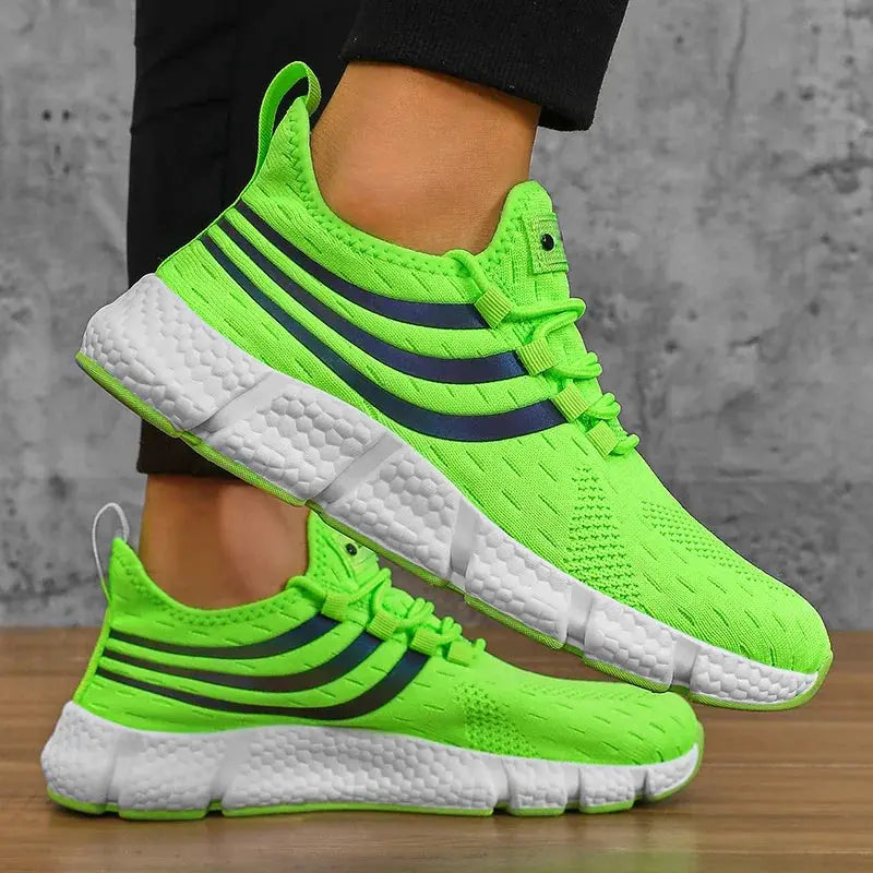 Men's casual sports shoes Simples Market neon green breathable sneakers with dark blue stripes and white sole.