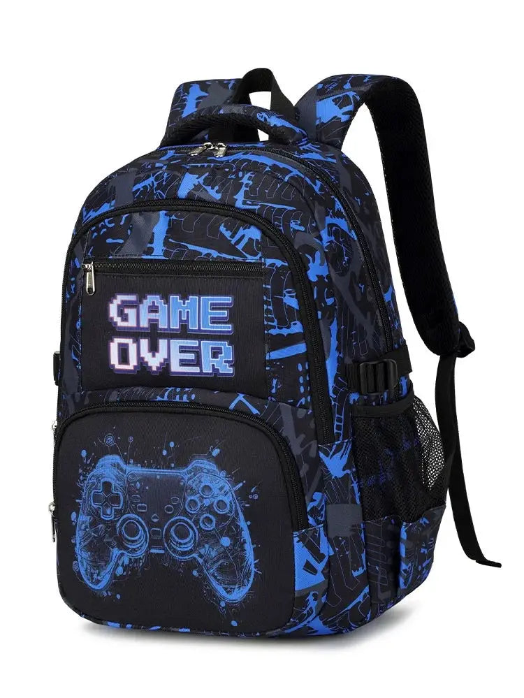 Simples Market boys' backpack in blue and black with gaming controller art and GAME OVER patch