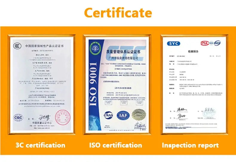 Spot LED Downlight certificate display: 3 framed certificates on orange background