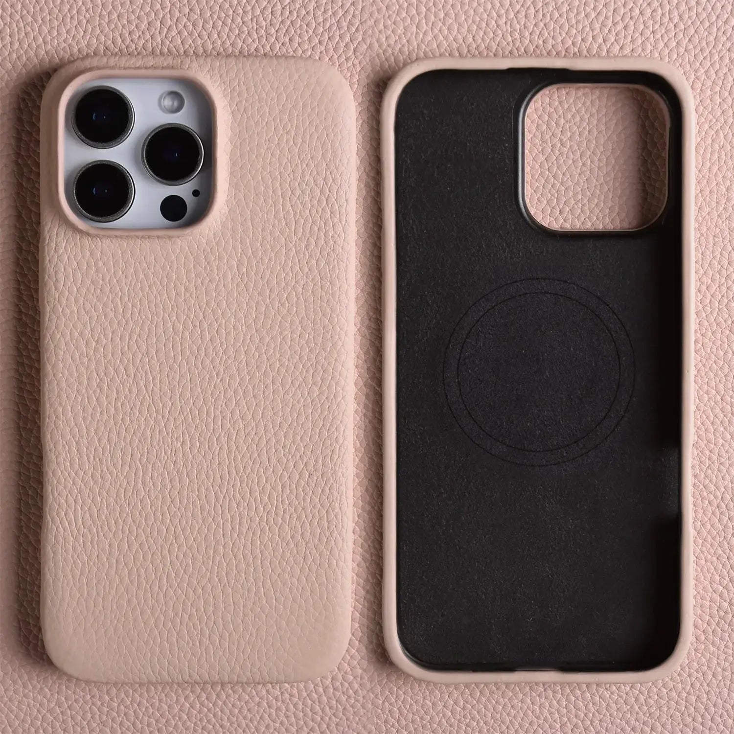 2 pink leather MagSafe iPhone cases by Simples Market; outer pink leather shell with black interior.