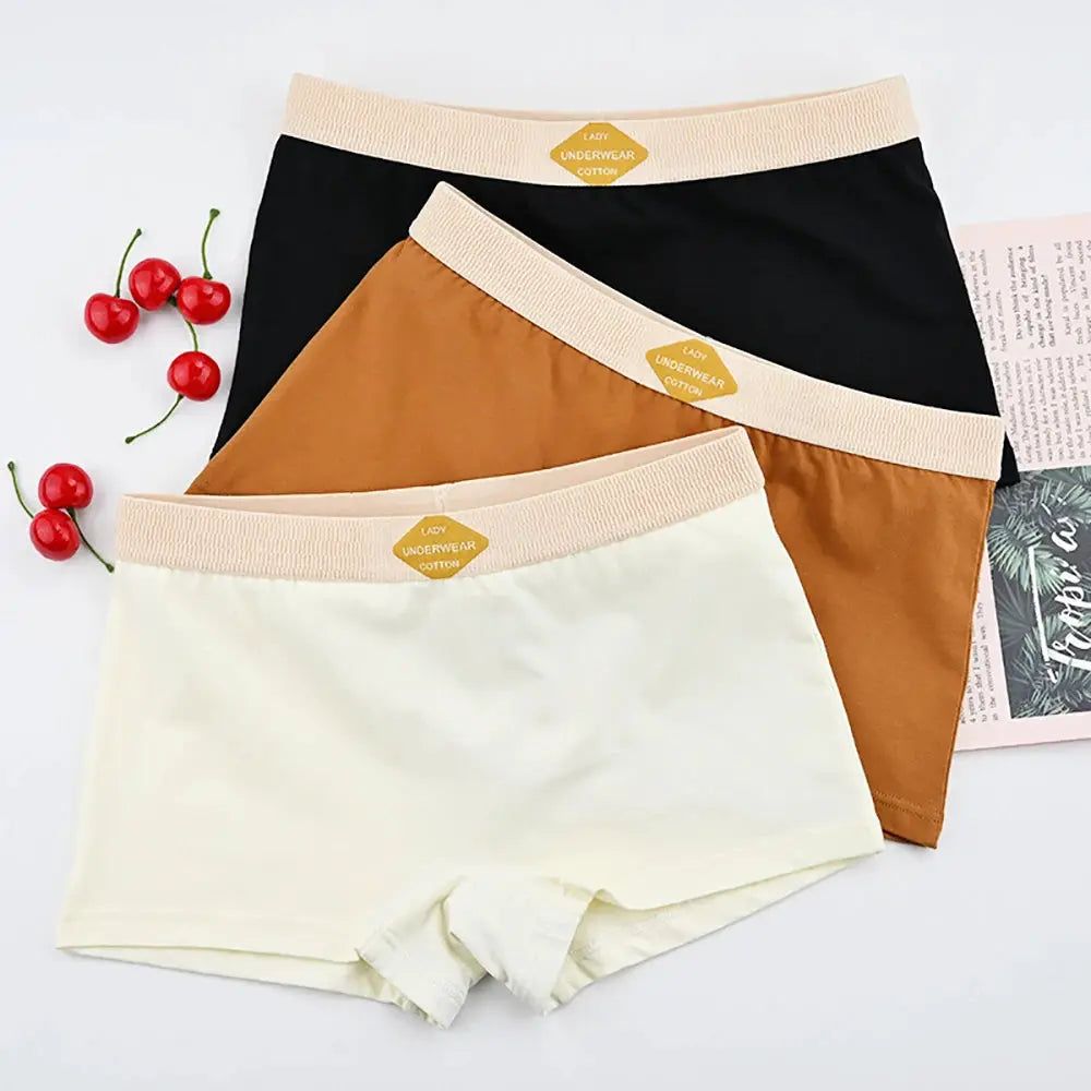 Simples Market 3-pack cotton women's boxer briefs in black, brown and ivory with soft mid-rise beige waistband