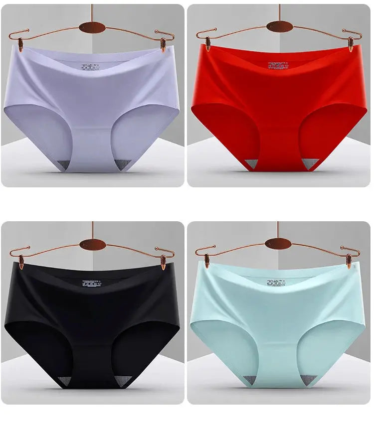 Silk-satin seamless women's panties by Simples Market, plus-size, 4-color set (lavender, red, black, light blue), 4pcs
