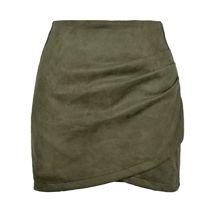 Olive green suede mini skirt with wrap drape and high waist.