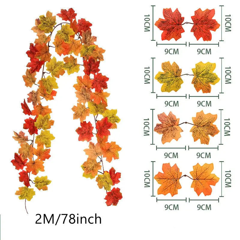 Simples Market 2m Autumn Maple Leaf Wreath garland; artificial orange, red and yellow leaves for home decor
