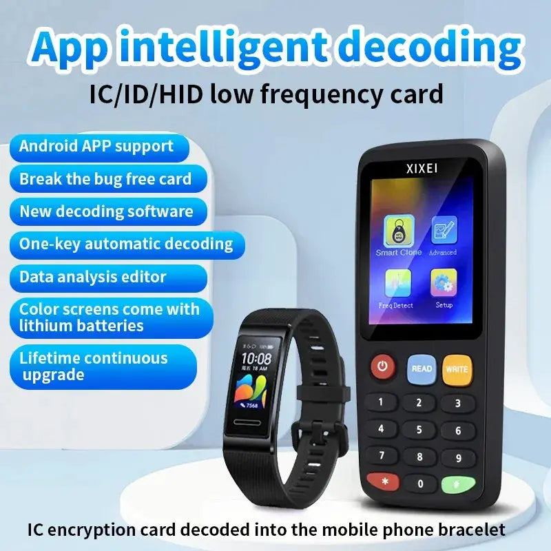 XIXEI RFID smart card reader handheld device with NFC and black bracelet, two items.