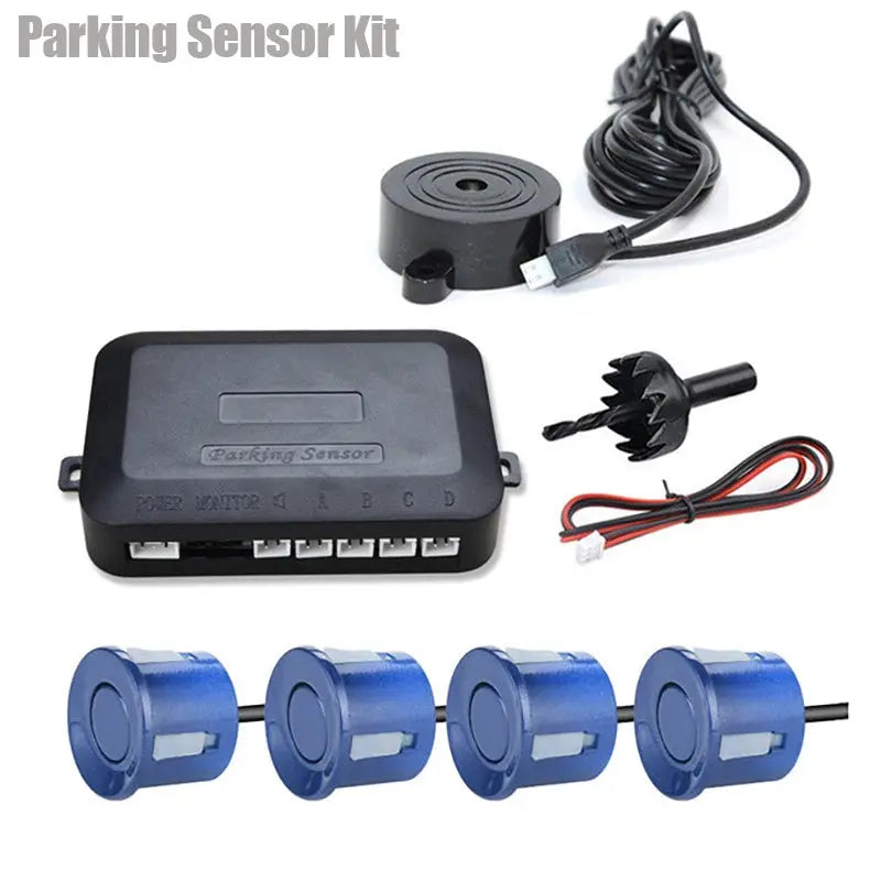 Risingon 12V 4-sensor car parking kit with blue 22mm sensors, black control unit, buzzer, and wiring harness