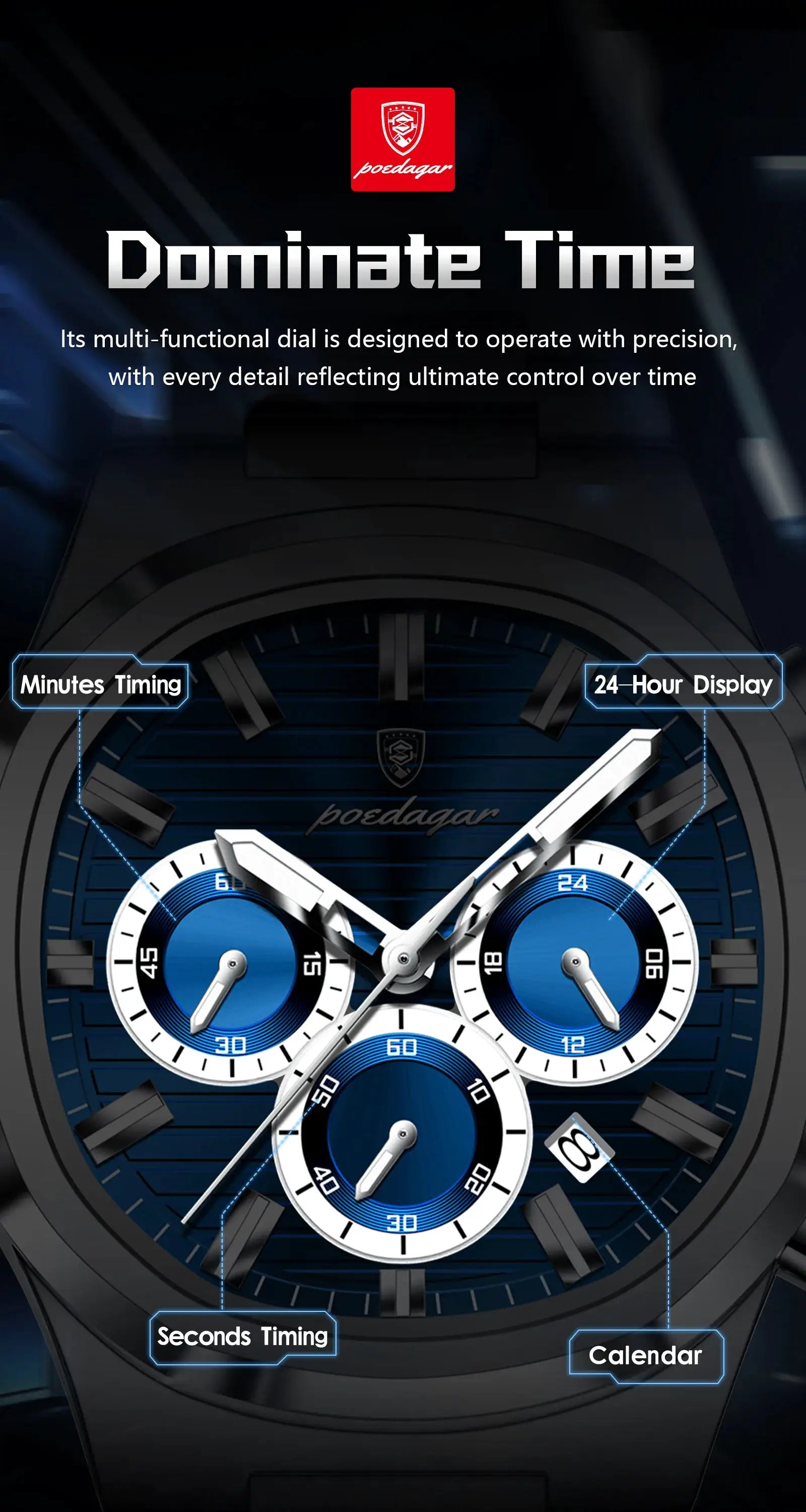 POEDAGAR men's stainless steel chronograph wristwatch with blue dial, date calendar, luminous hands.