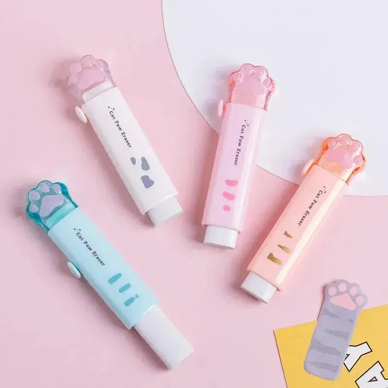 Retractable cat-paw erasers by Simples Market; pastel 5-pack in blue, white, pink, peach and gray.
