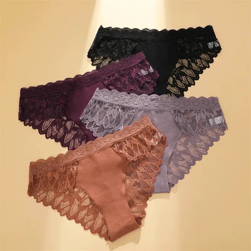 FINETOO lace hollow-out low-waist briefs, 5-pack in black, burgundy, gray, mauve, and brown by Simples Market