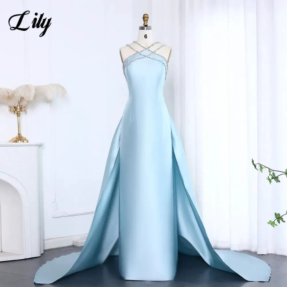 Lily Light Blue Prom Dress With Shiny Beading Halter Detachable Train