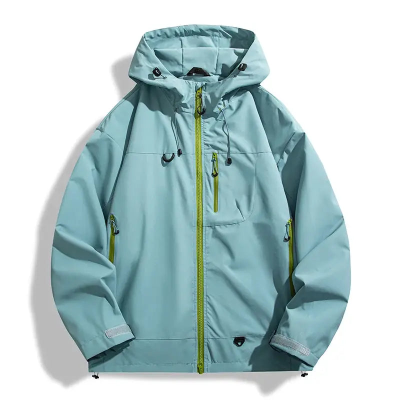 JNLN unisex waterproof windbreaker in teal with lime-green zippers and hood drawcords.