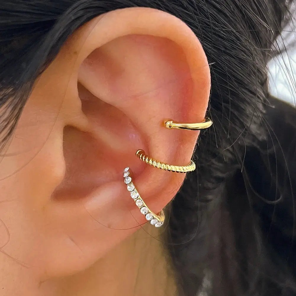 3-piece crystal ear cuff set for women; non-piercing gold-tone and silver-tone clip earrings with crystal hoop