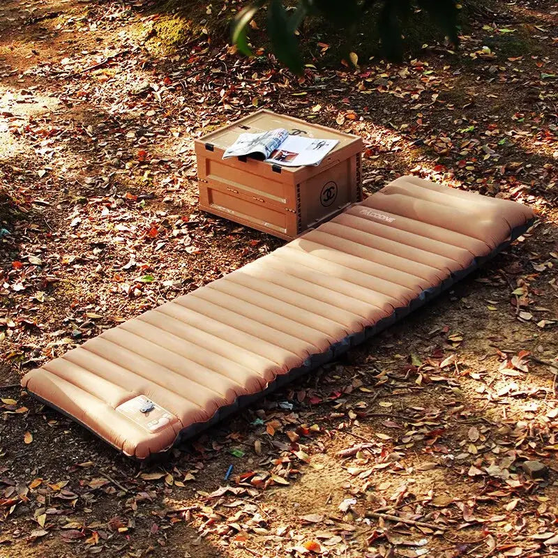 Simples Market ultralight self-inflating air mattress sleeping pad, beige ribbed design; 2-item camping set.