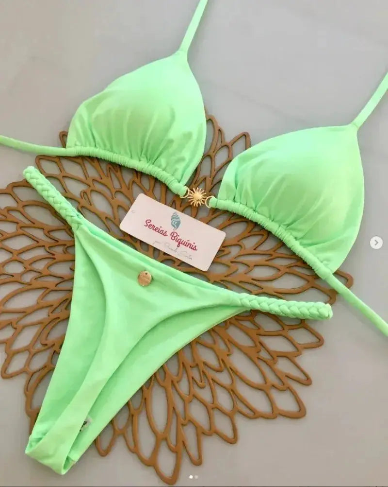 Neon green halter bikini set with braided-side thong bottoms