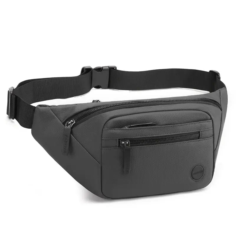 Simples Market unisex gray waterproof waist bag with front zip pocket, multiple compartments and adjustable belt