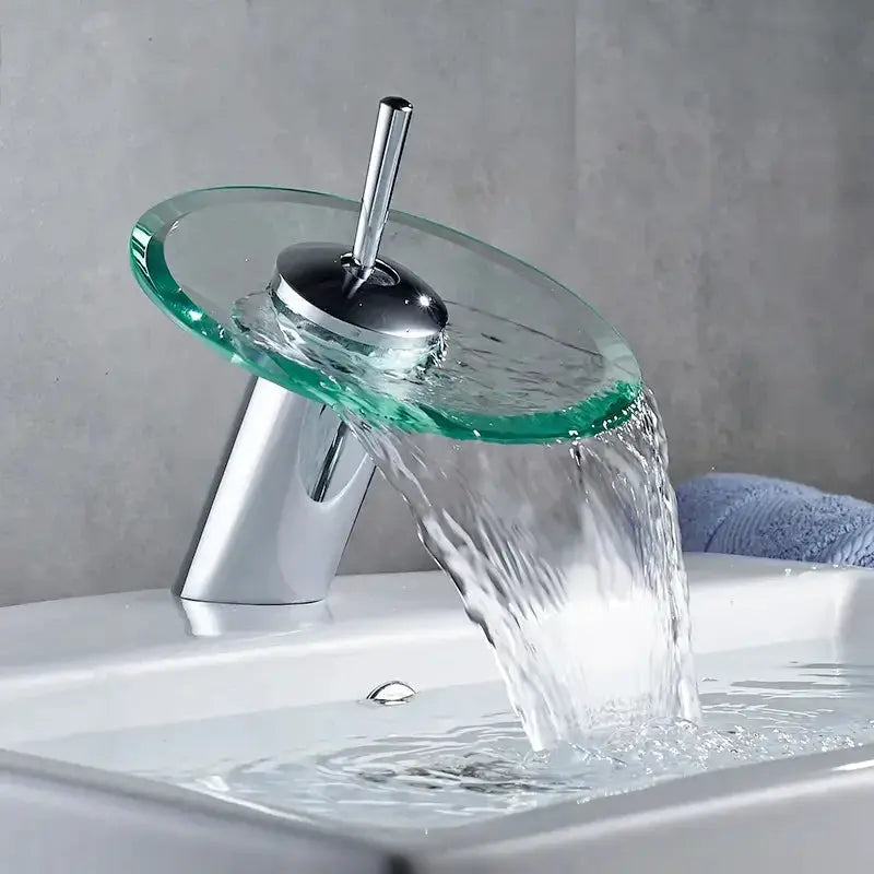 Bathroom faucet with colorful glass waterfall disc, chrome deck-mounted single-lever mixer