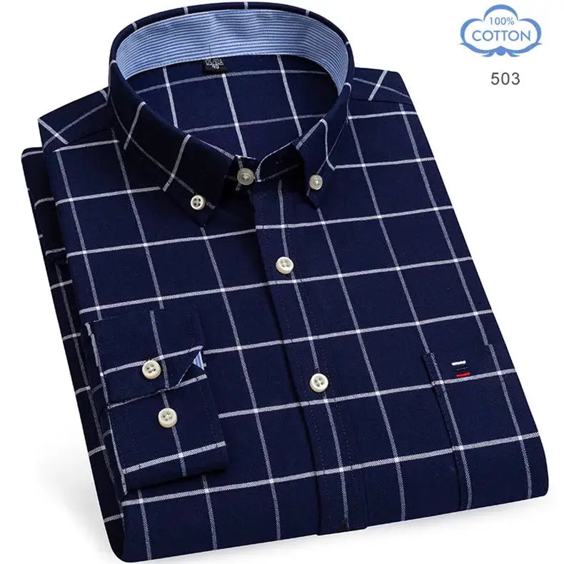 Navy plaid 100% cotton Oxford shirt, long-sleeve men's dress shirt