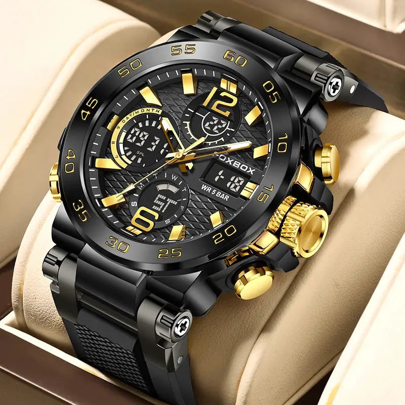 FOXBOX Sport men's digital chronograph watch in black with gold-tone bezel and luminous markers