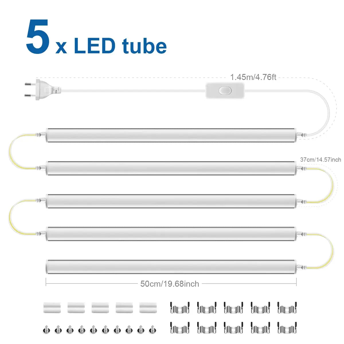 Simples Market 5x LED T5 wall-mount tubes, 50cm each, white finish with EU plug power cord; screws included