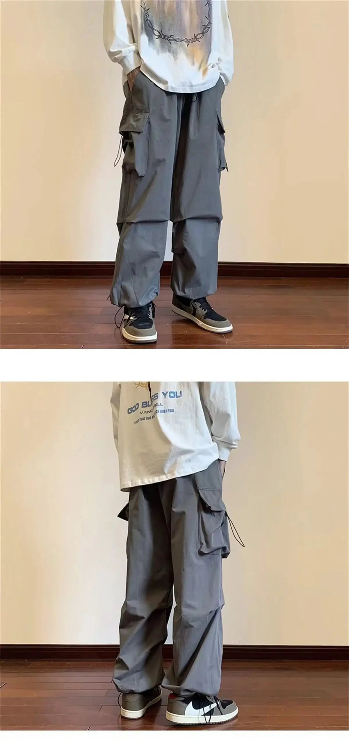 Cargo pants, Simples Market streetwear, grey harem cargo pants with elastic waist and multiple pockets