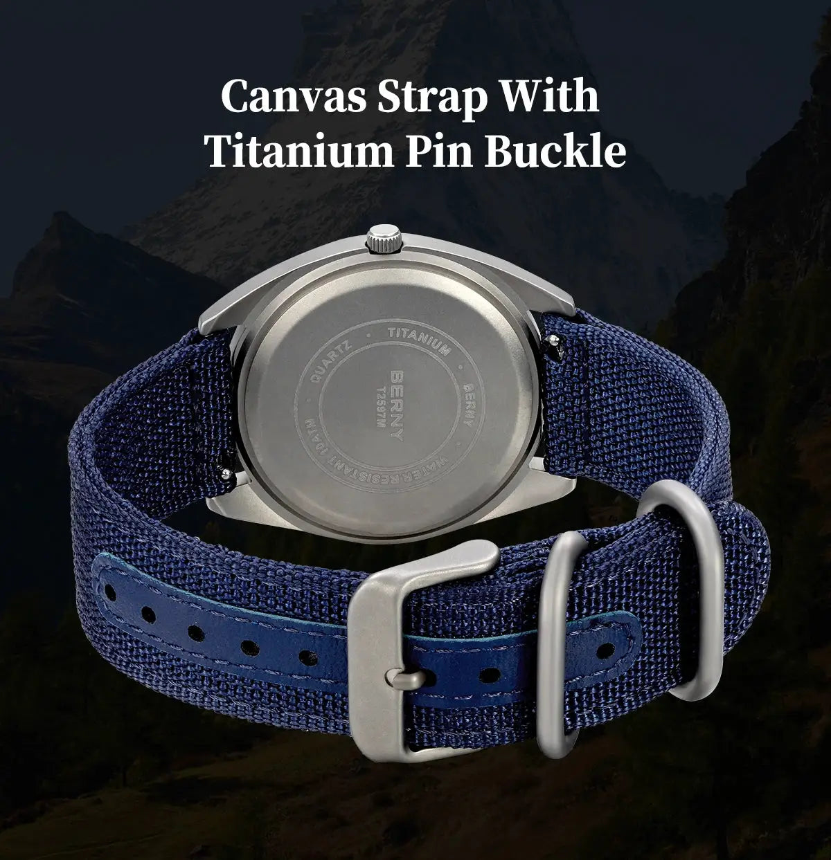 BERNY titanium men's watch with blue canvas strap, 38mm case, back view