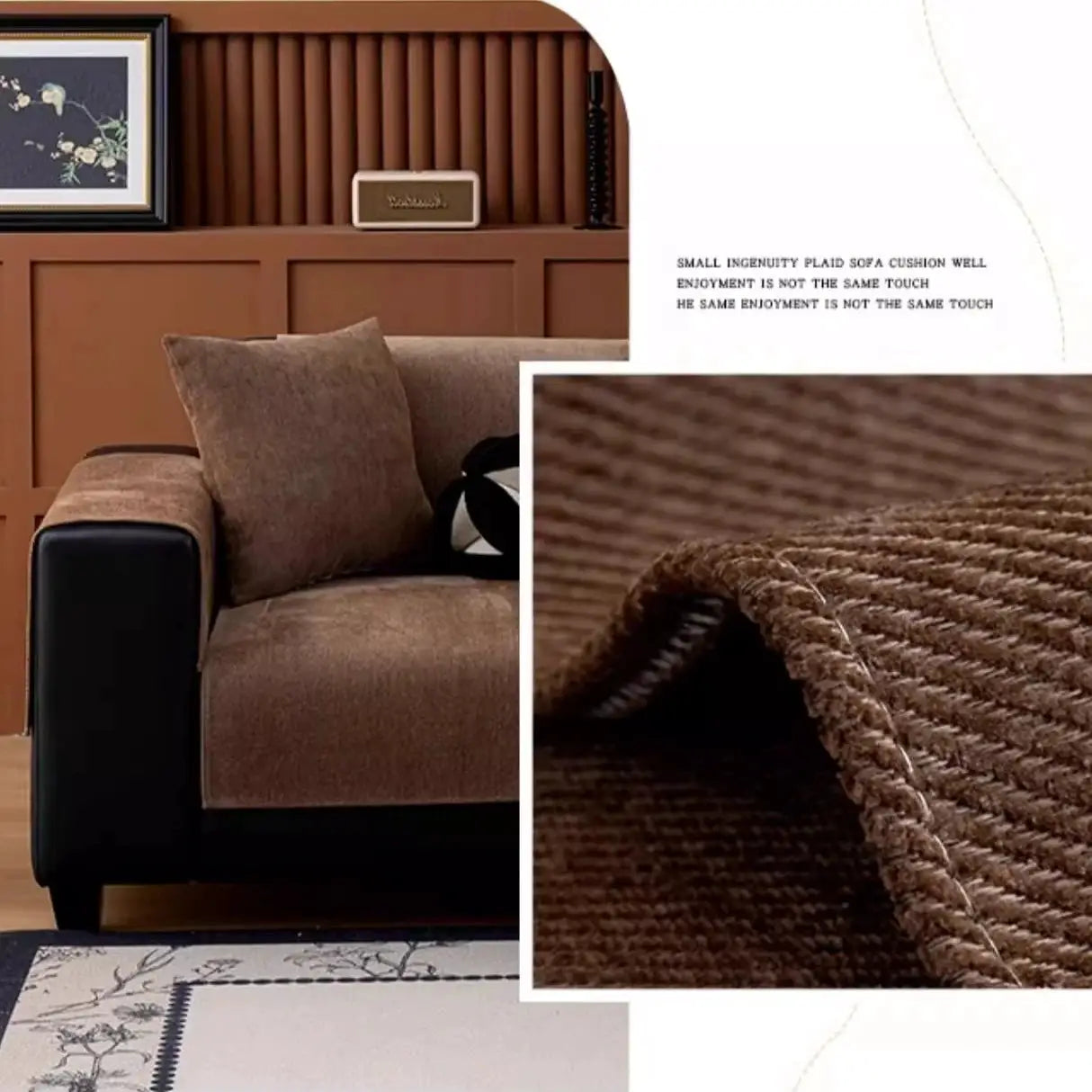 Minimalist twill chenille anti-slip sofa cover in brown on a modern living room sofa.