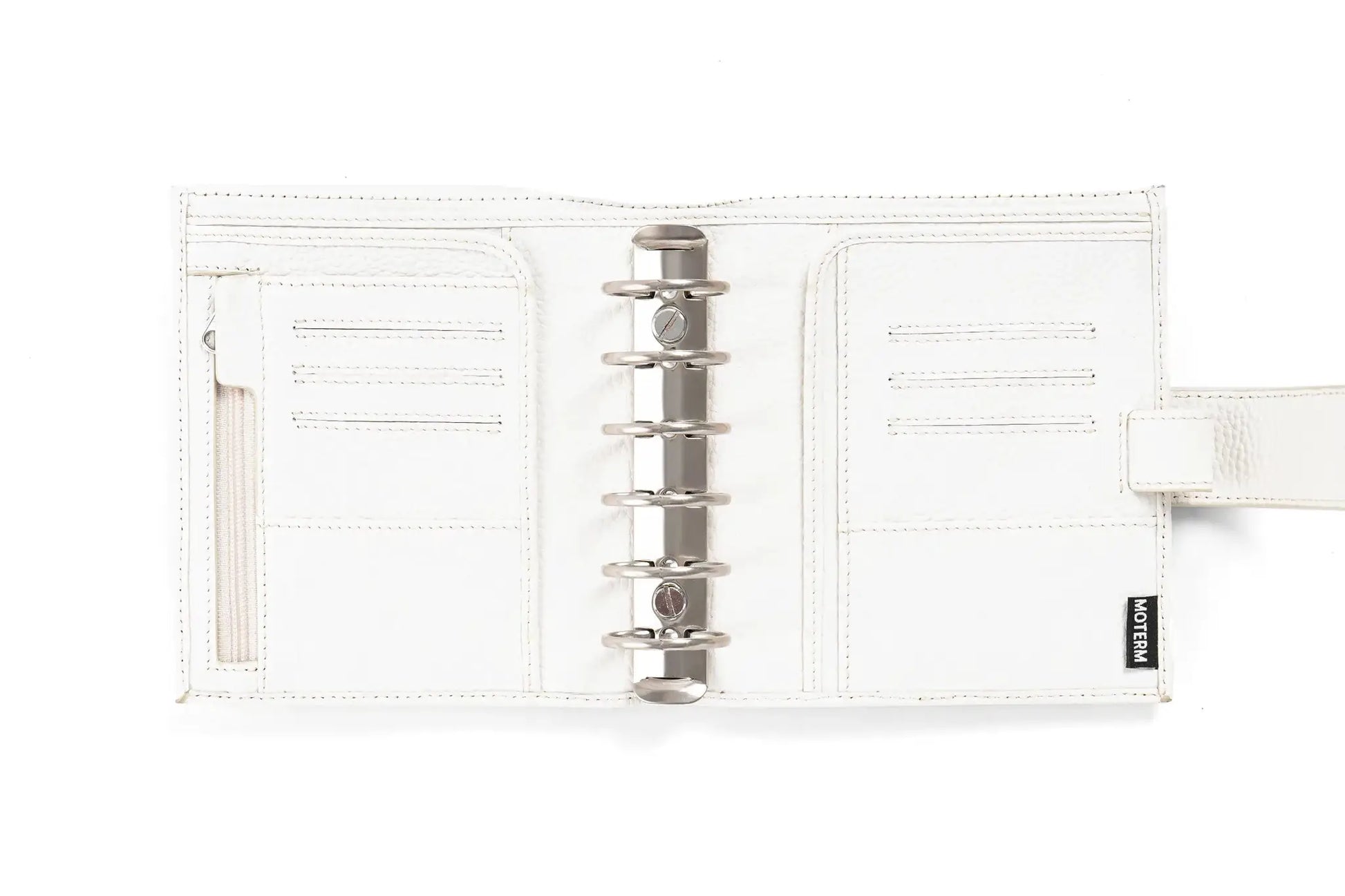 Moterm Luxe 2.0 pocket planner by Simples Market in white pebbled leather with 30mm ring binder and A7 notebook