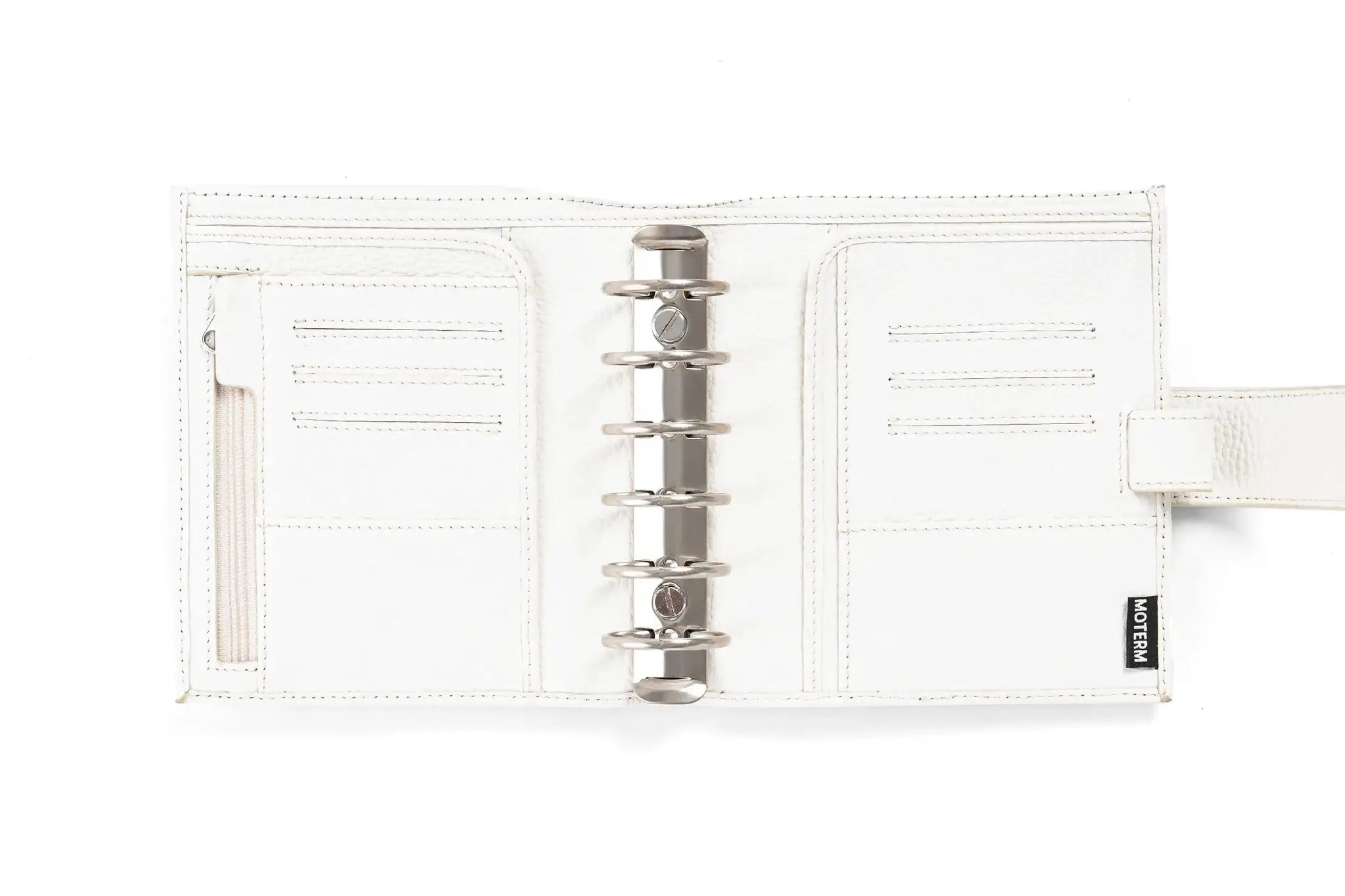 Moterm Luxe 2.0 pocket planner by Simples Market in white pebbled leather with 30mm ring binder and A7 notebook