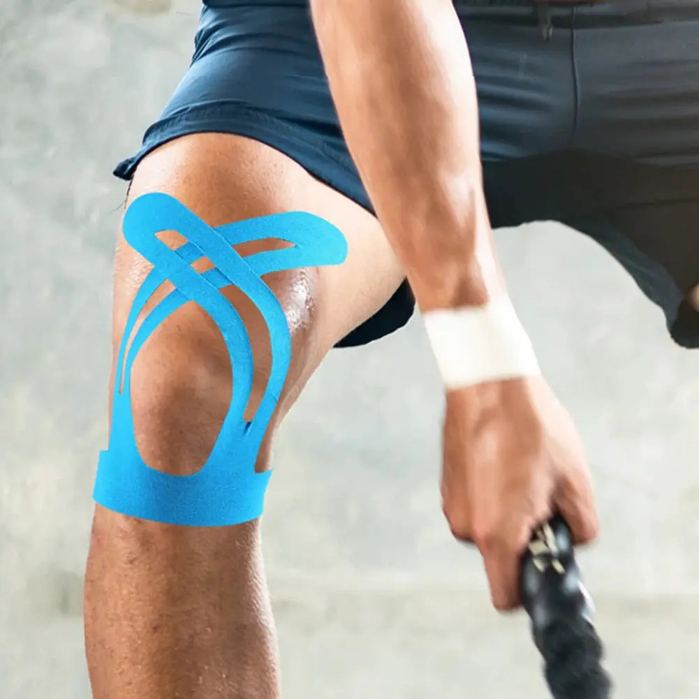 5Pcs blue kinesiology tape set for knee sport protection; breathable elastic patches, Simples Market