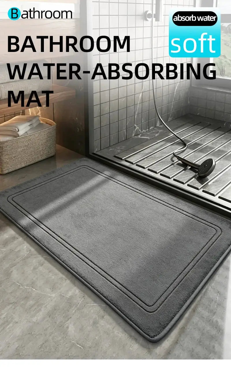 Grey bathroom rug; quick-dry, high water absorption, non-slip shower mat.