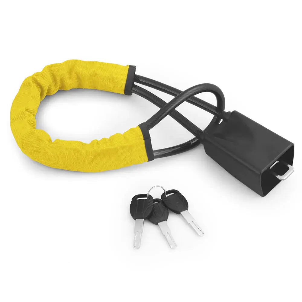 Car steering wheel lock with yellow fabric-covered steel cable, universal anti-theft device, includes 3 keys