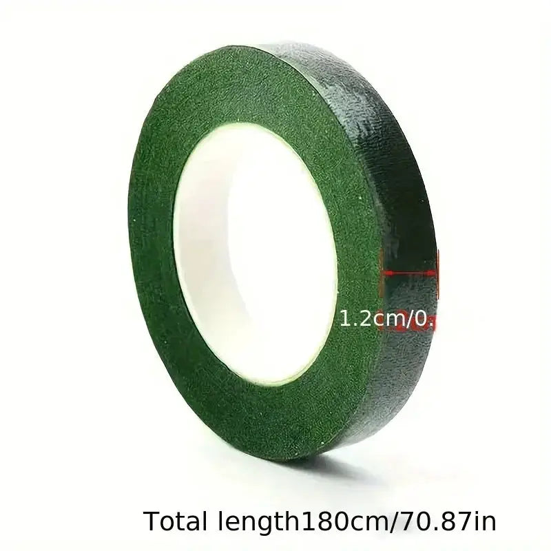 Green paper floral tape roll, self-adhesive for bouquets; 1.2 cm wide and 180 cm long.