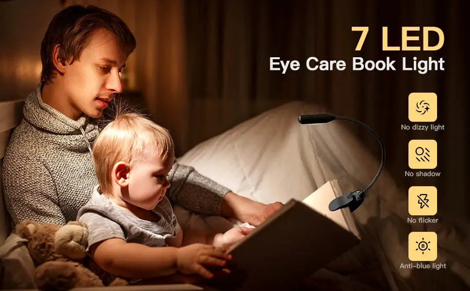 Simples Market LED book light USB rechargeable reading lamp with flexible clip, 3-level warm to daylight.