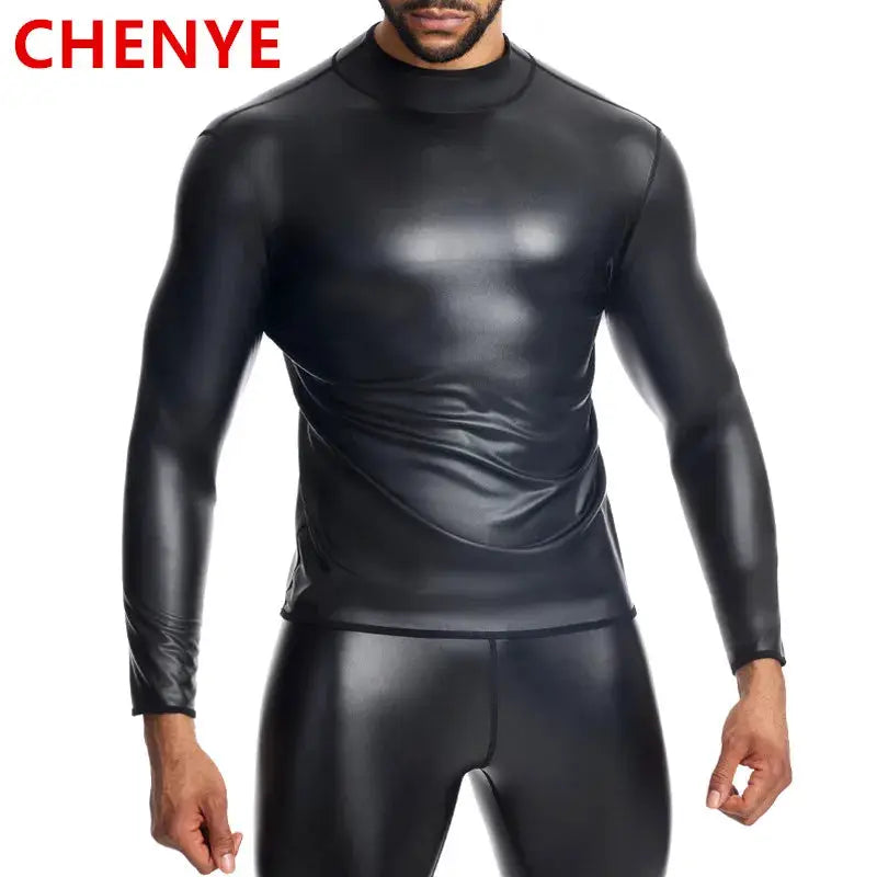 Men's stand-collar leather long-sleeve shirt and matching pants set in black faux leather, CHENYE