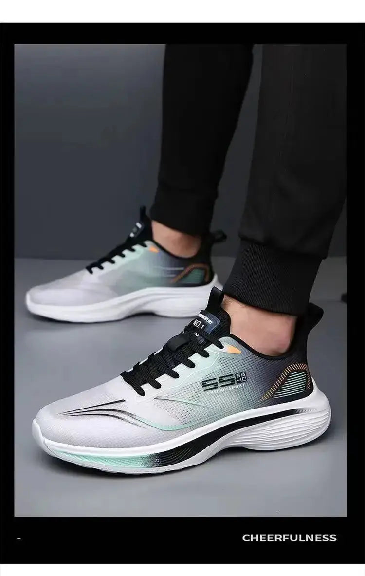 Men's running shoes by Simples Market: white-gray chunky sneakers with black laces and teal accents.