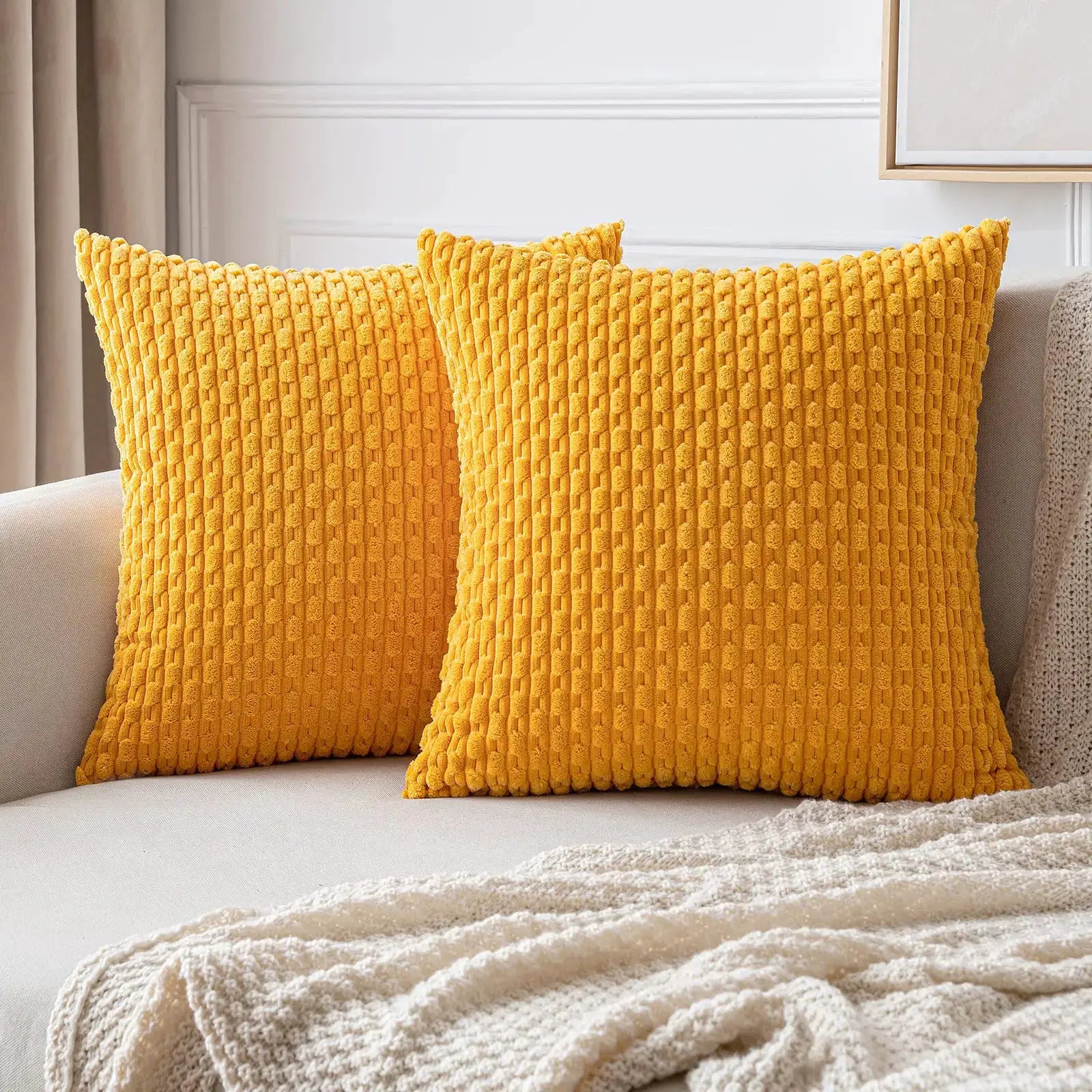 Set of 2 mustard yellow corduroy throw pillows, 20x20 in, striped texture for farmhouse boho decor