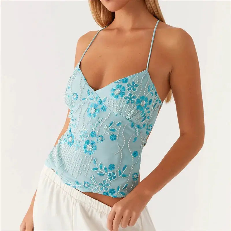 GlamNova Y2K Sequin Halter Crop Top With Pearl Embellished Cami Breathable Stretch Fit Rhinestones